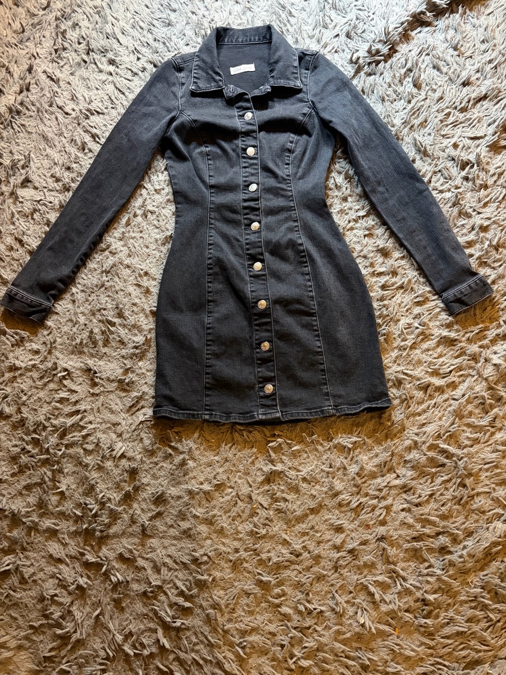 Zara washed black stretchy denim fitted button up mini shirt dress sz XS